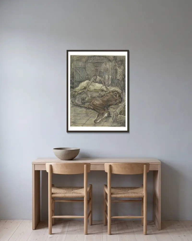 Het slachten van twee paarden av Pieter Dupont inramad på en vägg