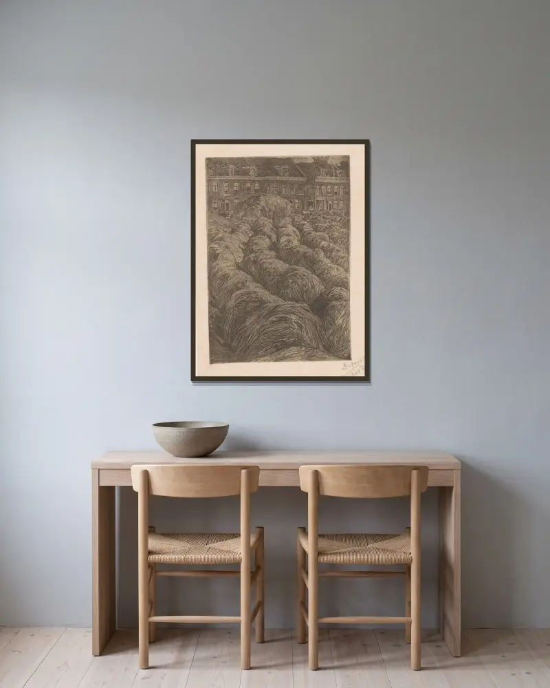 Heuhaufen bei einer Stadt von Pieter Dupont gerahmt an einer Wand