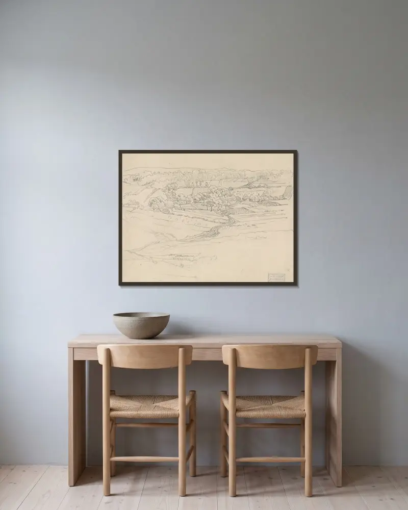 Landschap met kronkelweg av Pieter Dupont inramad på en vägg