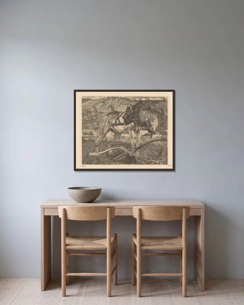 Plöjande häst på en kulle av Pieter Dupont inramad på en vägg