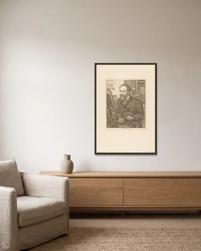 Portret van Théophile Alexandre Steinlen av Pieter Dupont inramad på en vägg