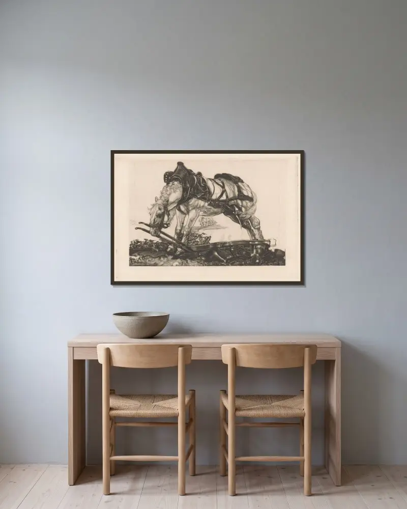 Rastendes Zugpferd von Pieter Dupont gerahmt an einer Wand