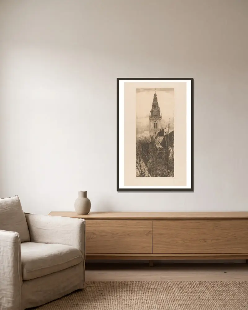 Toren van de Oude Kerk in Amsterdam av Pieter Dupont inramad på en vägg