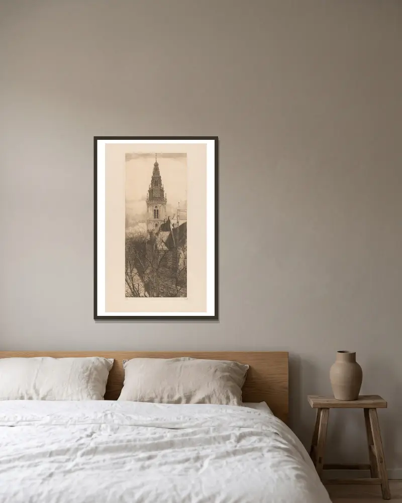 Toren van de Oude Kerk in Amsterdam av Pieter Dupont inramad på en vägg