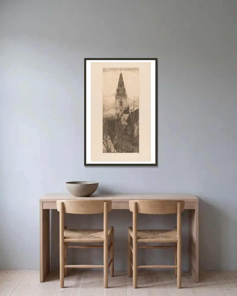 Toren van de Oude Kerk in Amsterdam av Pieter Dupont inramad på en vägg