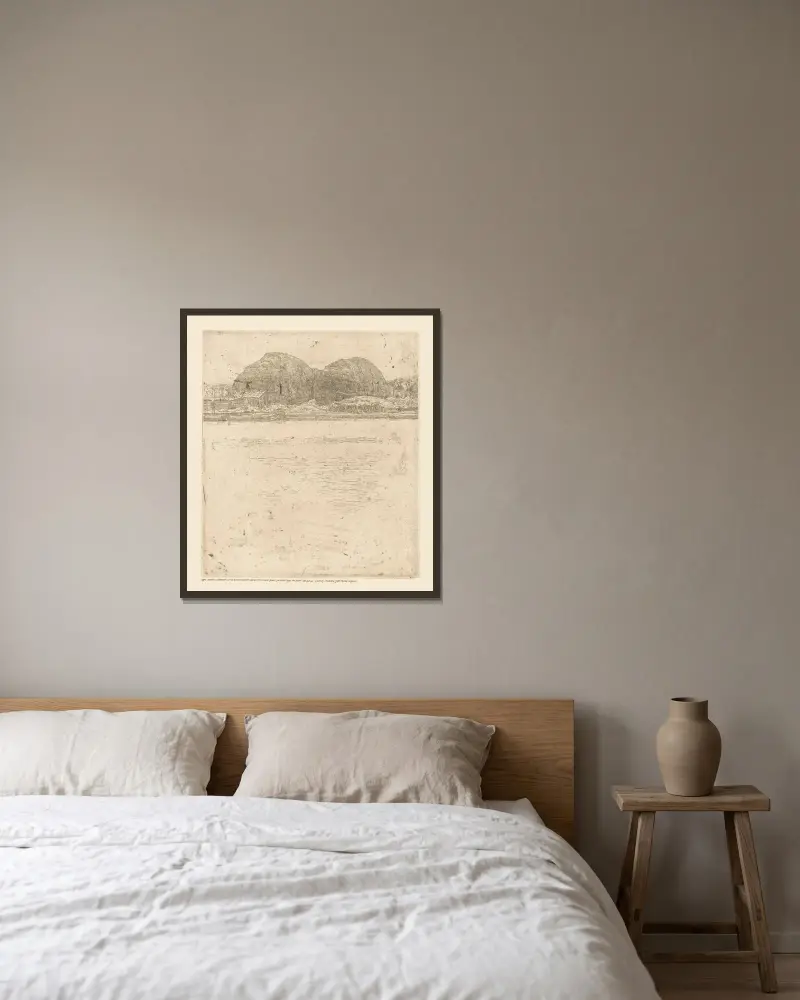 Zwei Heuhaufen am Ufer von Pieter Dupont gerahmt an einer Wand