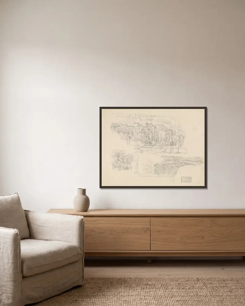 Twee landschappen av Pieter Dupont inramad på en vägg