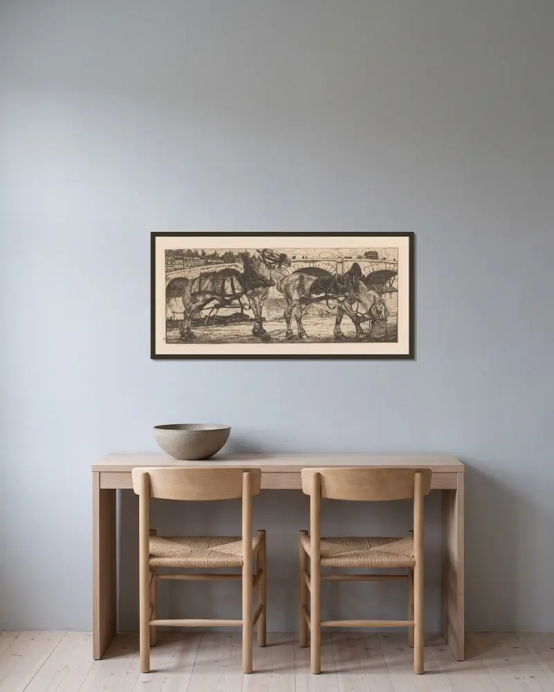 Zwei Zugpferde an der Seine in Paris von Pieter Dupont gerahmt an einer Wand