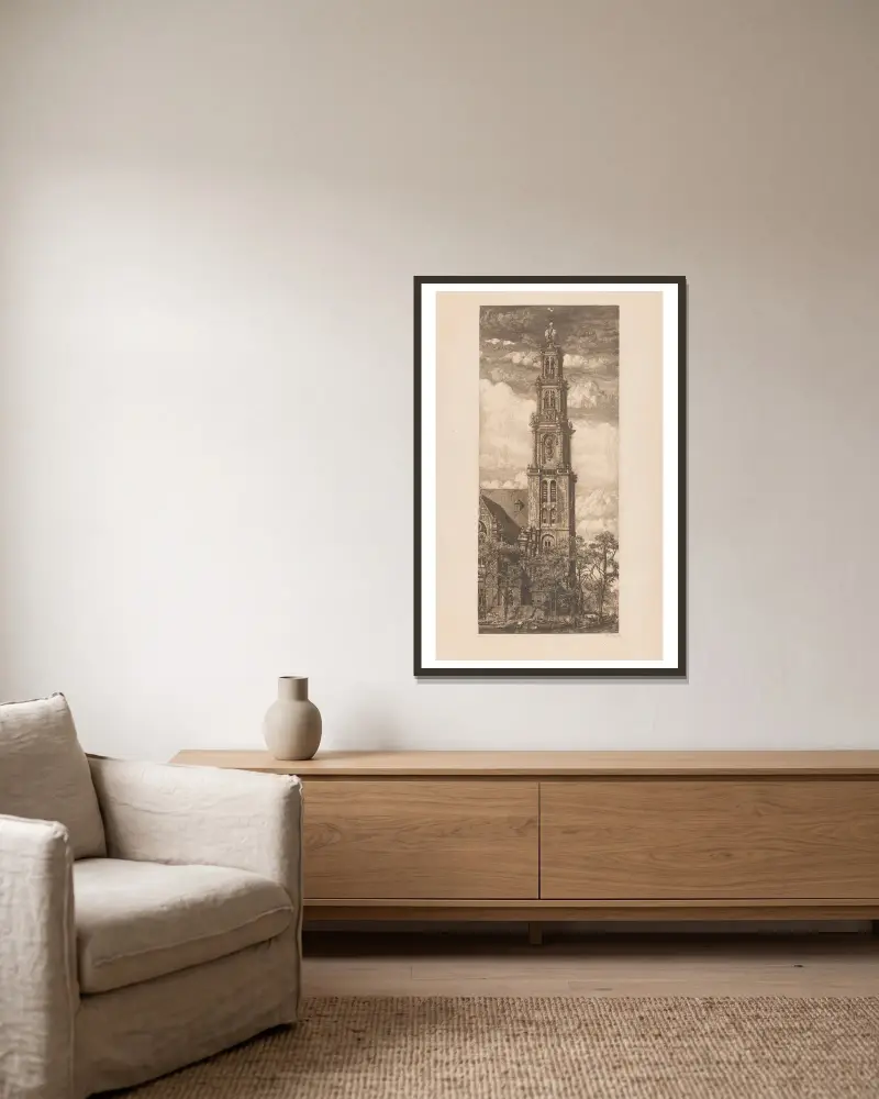 Westertoren in Amsterdam av Pieter Dupont inramad på en vägg