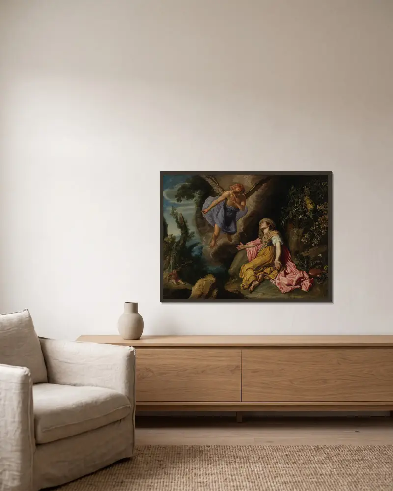Hagar and the Angel, 1614 av Pieter Lastman inramad på en vägg