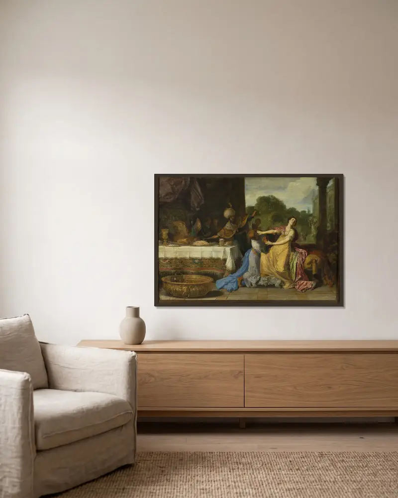 Haman bönfaller Ester om nåd (Esther 7:6–7) av Pieter Lastman inramad på en vägg