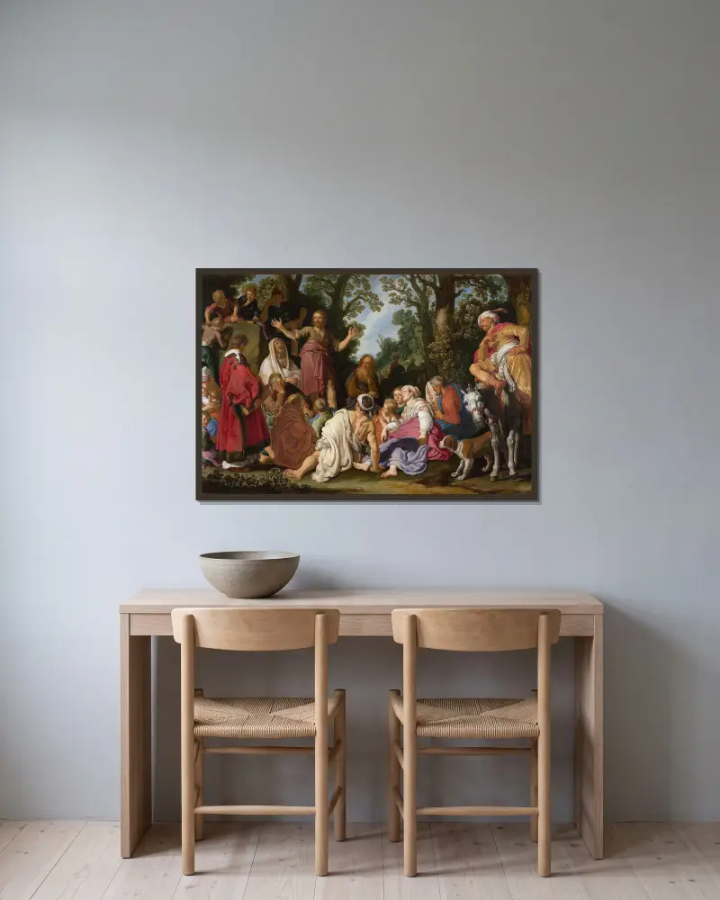 Johannes der Täufer predigt von Pieter Lastman gerahmt an einer Wand