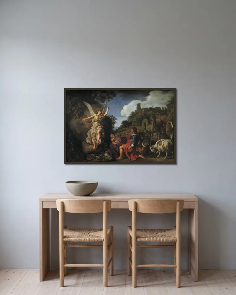 Ängeln Rafael tar farväl av den gamle Tobit och hans son Tobias av Pieter Lastman inramad på en vägg