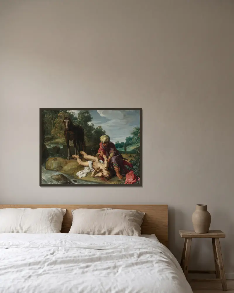 Der barmherzige Samariter von Pieter Lastman gerahmt an einer Wand