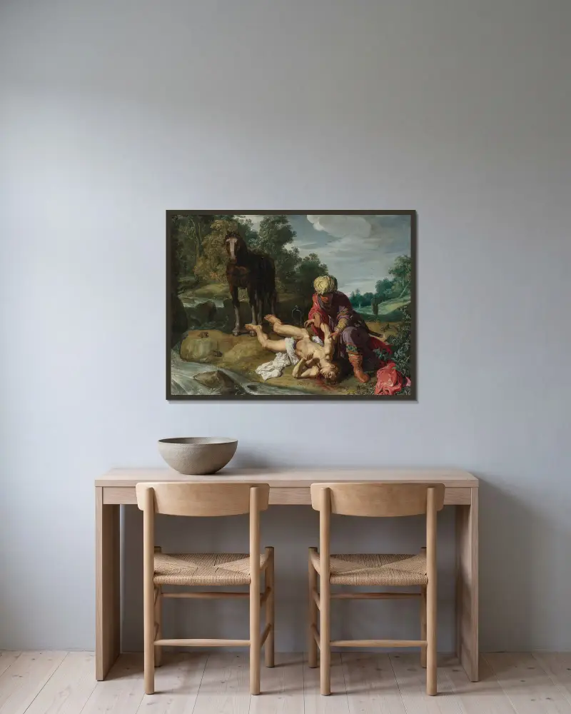Der barmherzige Samariter von Pieter Lastman gerahmt an einer Wand