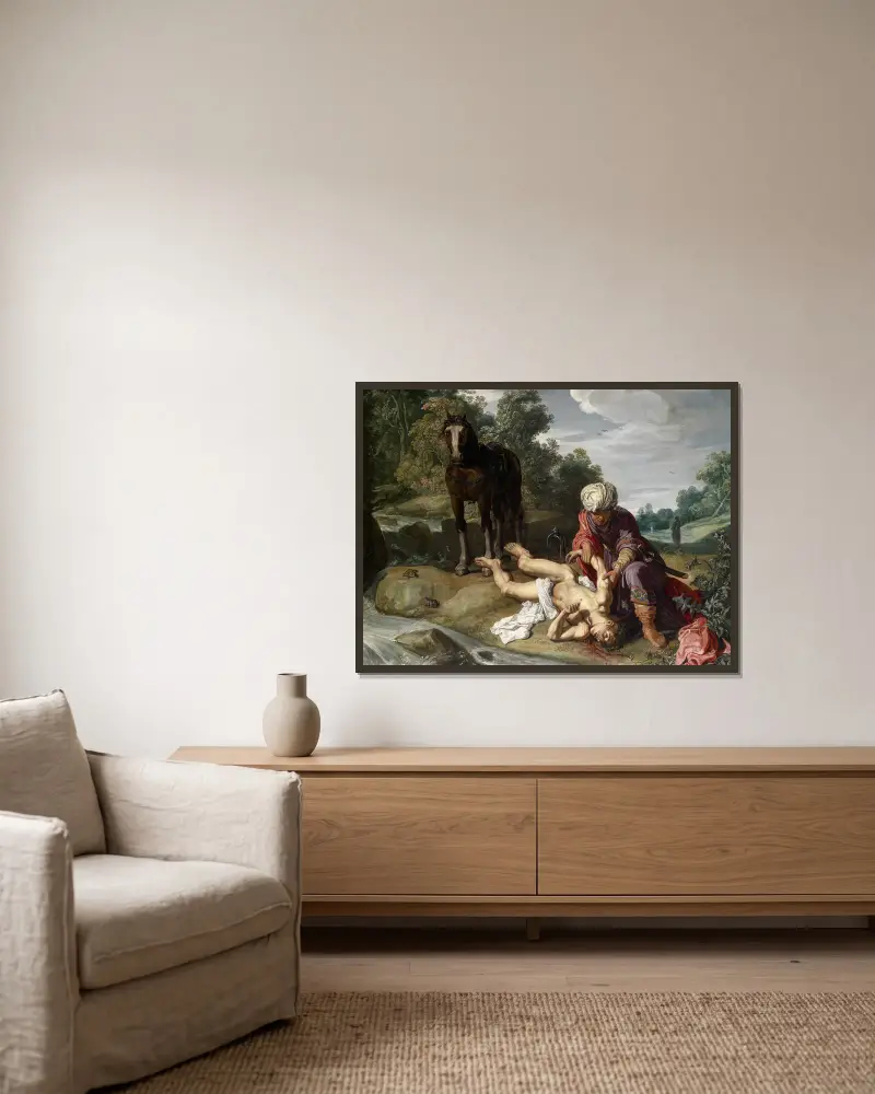 The Good Samaritan tending the wounds of the traveller av Pieter Lastman inramad på en vägg