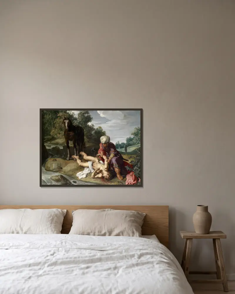 The Good Samaritan tending the wounds of the traveller av Pieter Lastman inramad på en vägg