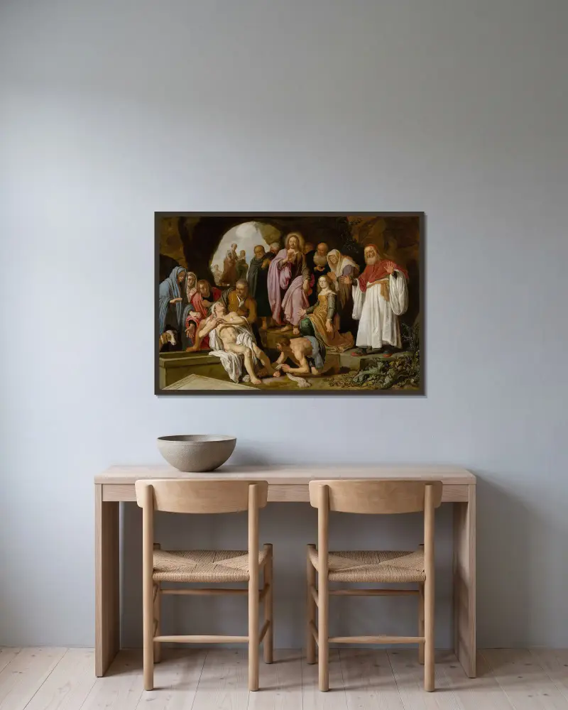Uppväckandet av Lazarus av Pieter Lastman inramad på en vägg