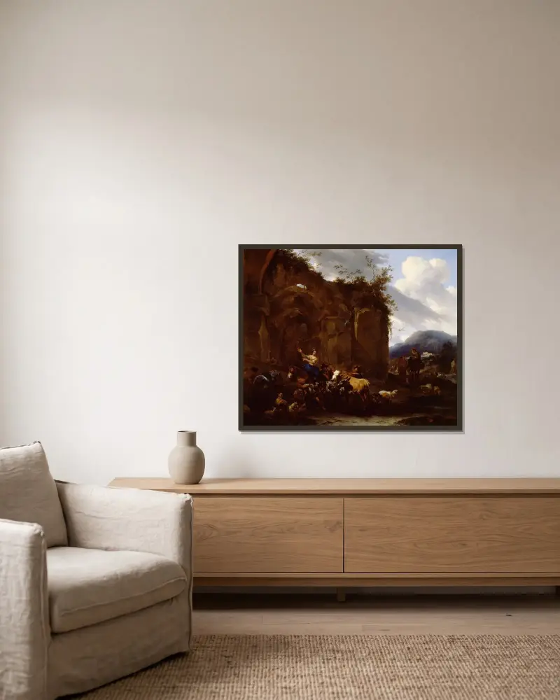 En hovslagare och bönder vid romerska ruiner av Nicolaes Pietersz. Berchem inramad på en vägg