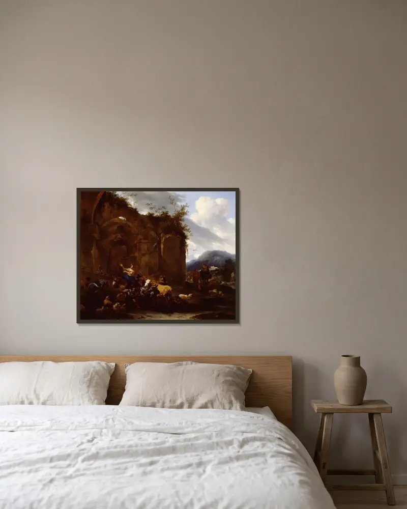 En hovslagare och bönder vid romerska ruiner av Nicolaes Pietersz. Berchem inramad på en vägg