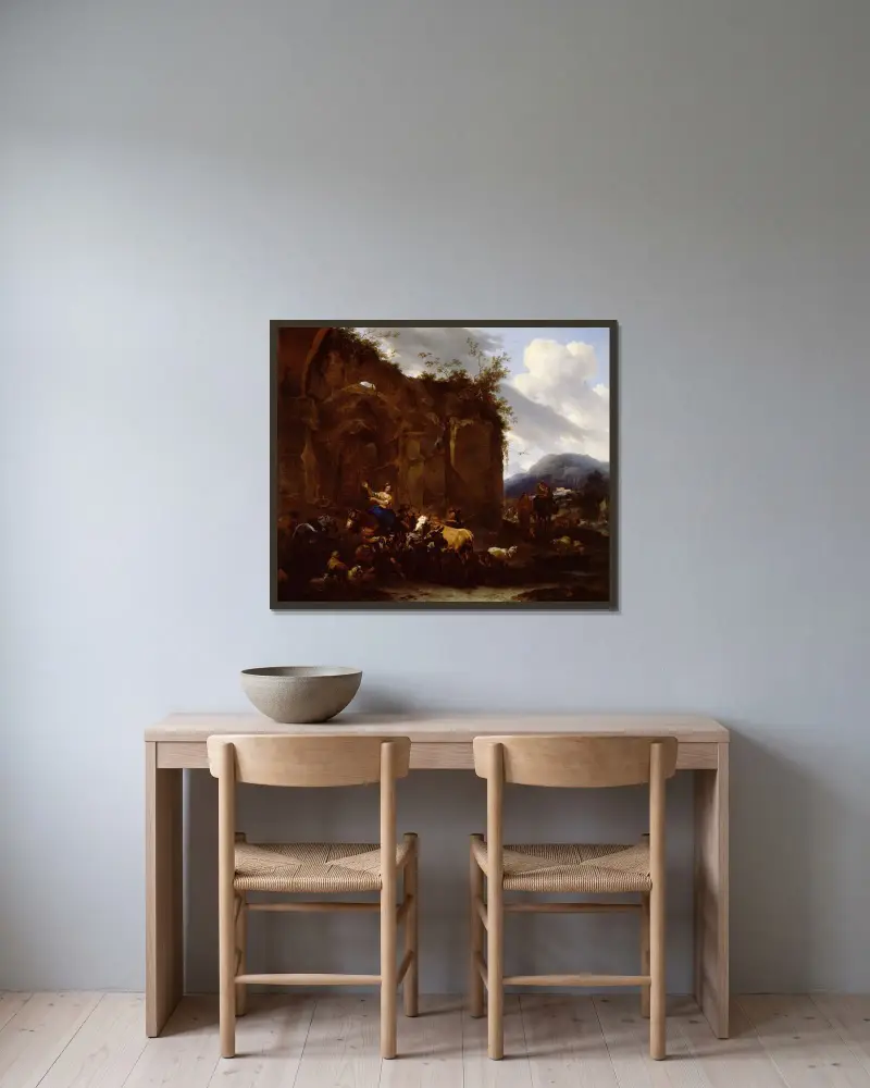 En hovslagare och bönder vid romerska ruiner av Nicolaes Pietersz. Berchem inramad på en vägg