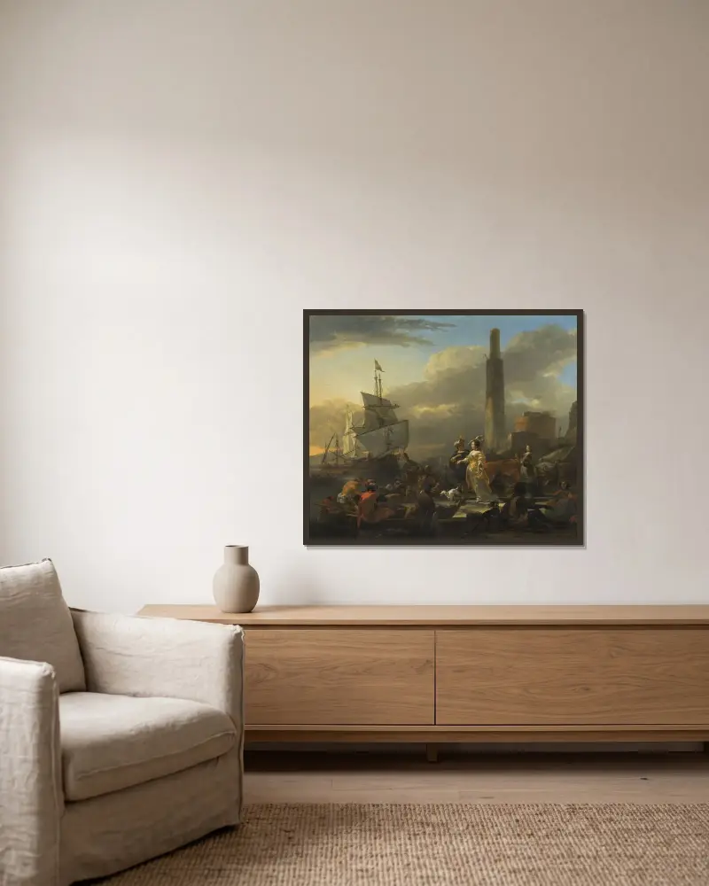 En hamnscen av Nicolaes Pietersz. Berchem inramad på en vägg