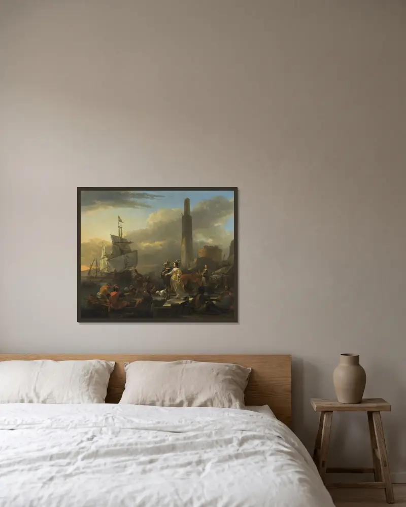 En hamnscen av Nicolaes Pietersz. Berchem inramad på en vägg