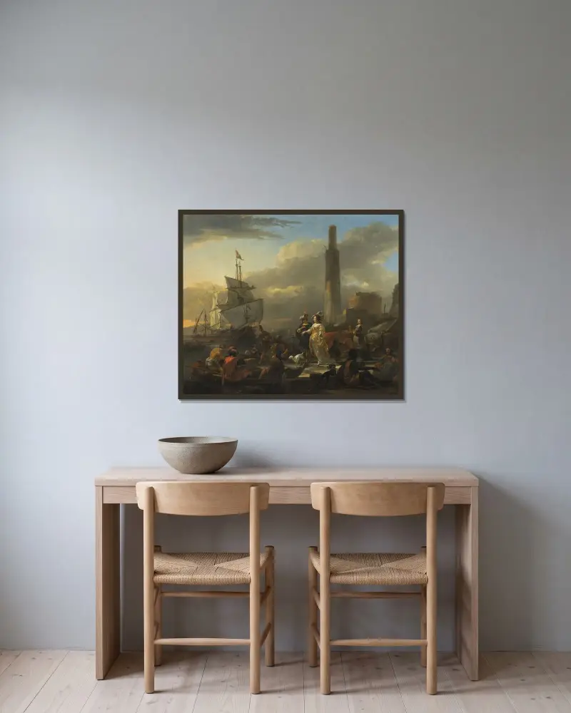 En hamnscen av Nicolaes Pietersz. Berchem inramad på en vägg