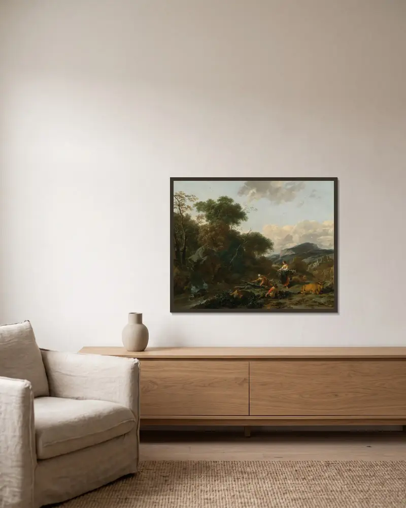 Landskap med figurer av Nicolaes Pietersz. Berchem inramad på en vägg