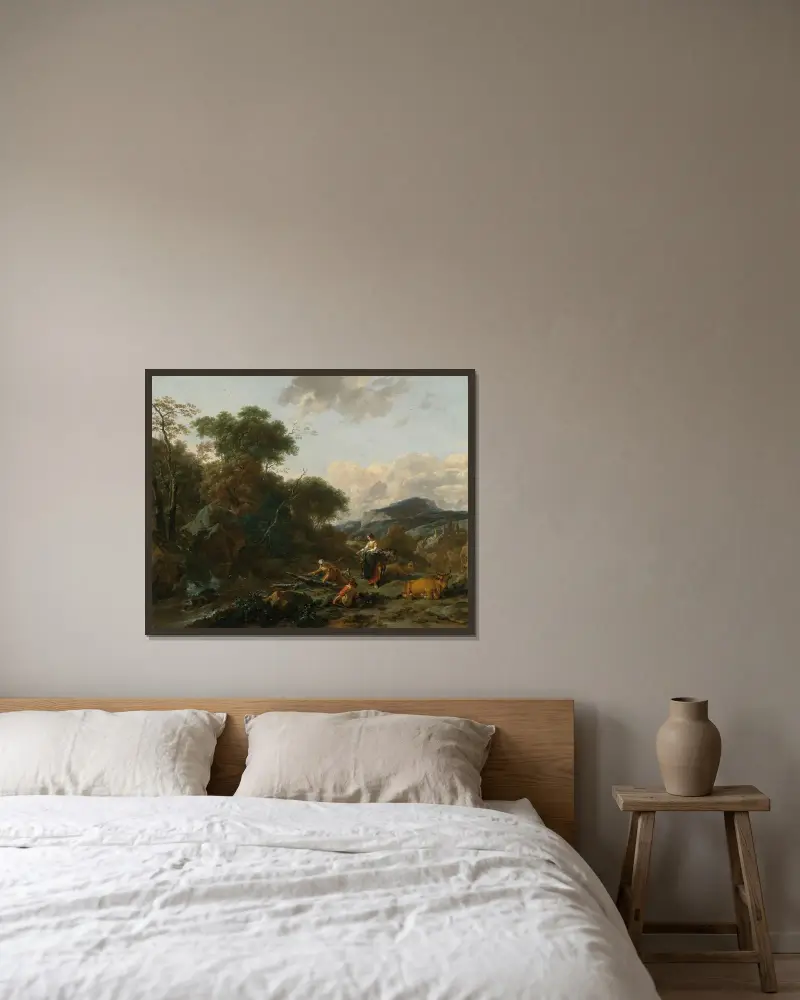 Landskap med figurer av Nicolaes Pietersz. Berchem inramad på en vägg