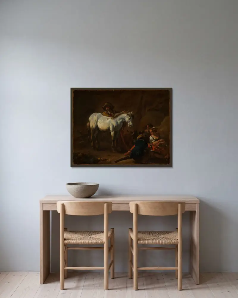 En man med en vit häst av Nicolaes Pietersz. Berchem inramad på en vägg