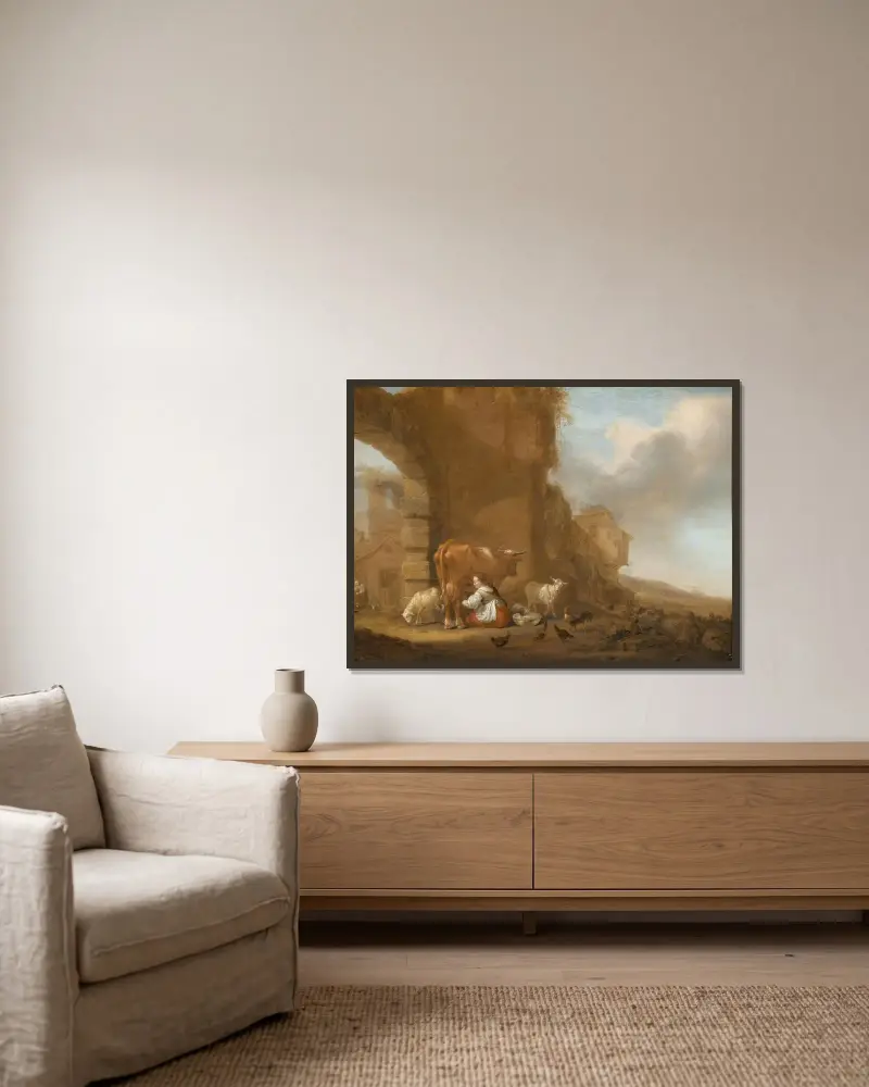 En mjölkpiga bland ruiner av Nicolaes Pietersz. Berchem inramad på en vägg