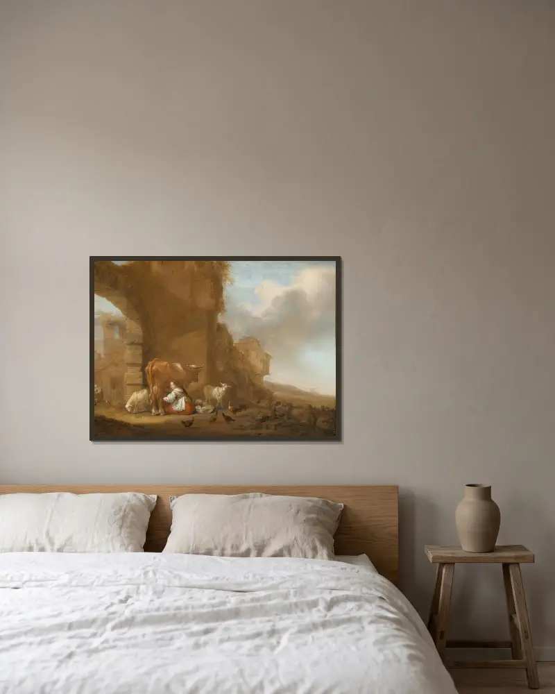 En mjölkpiga bland ruiner av Nicolaes Pietersz. Berchem inramad på en vägg