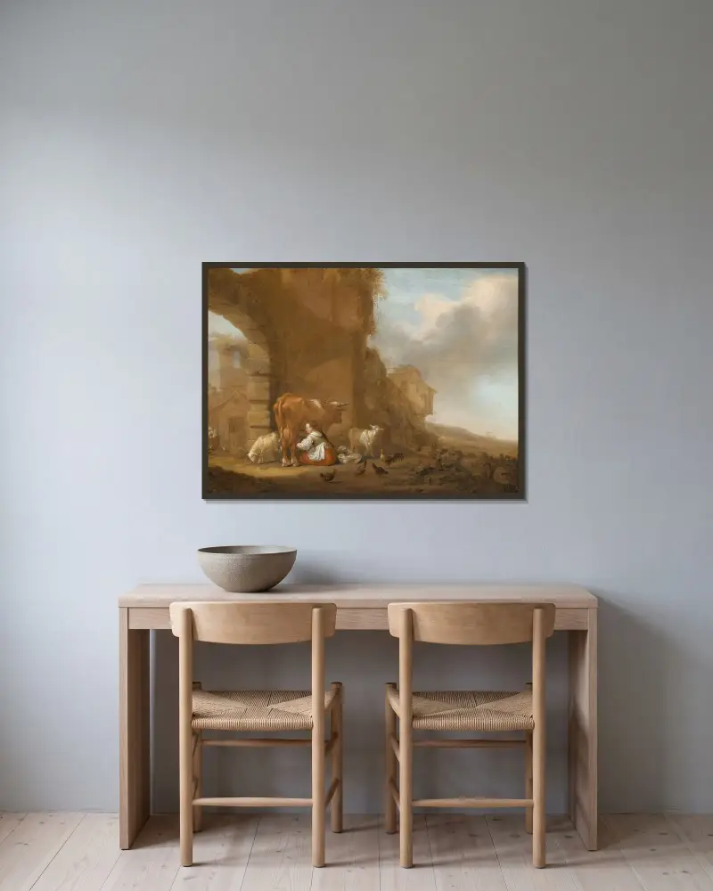 En mjölkpiga bland ruiner av Nicolaes Pietersz. Berchem inramad på en vägg