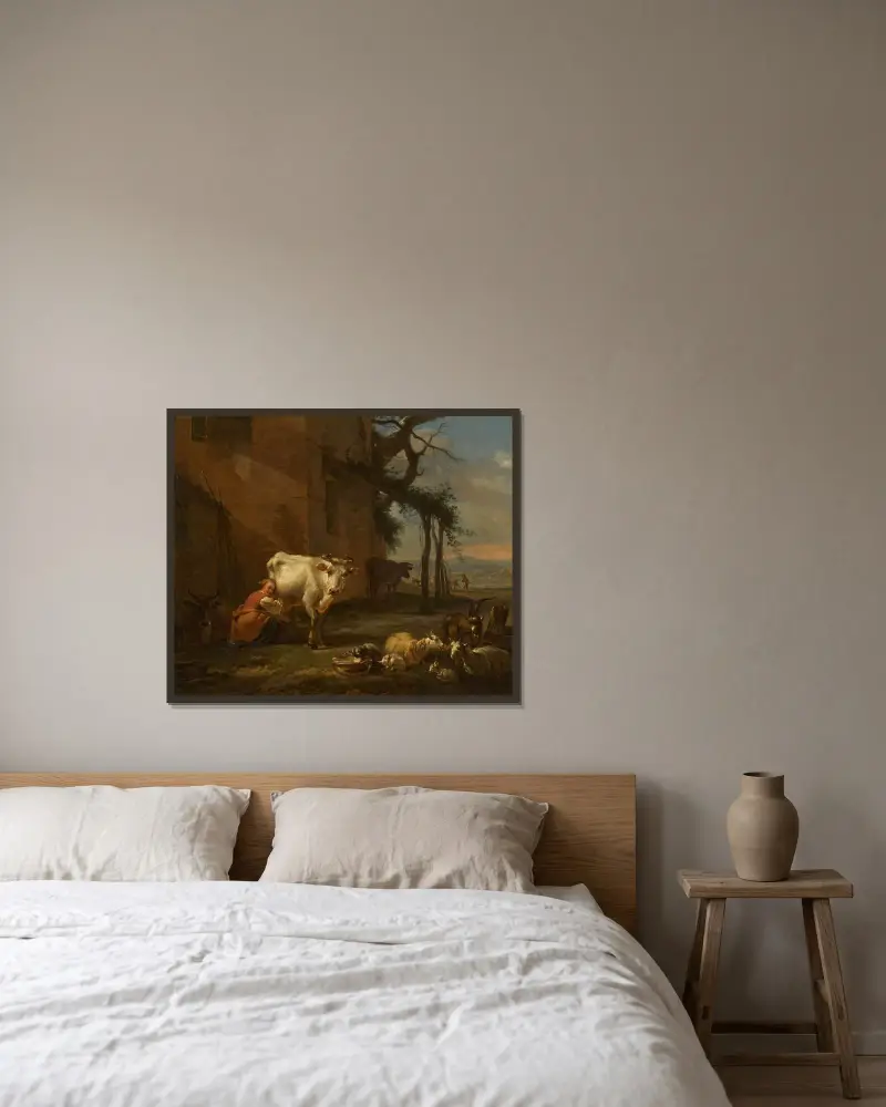 En mjölkerska med sin hjord, flodlandskap bortom av Nicolaes Pietersz. Berchem inramad på en vägg