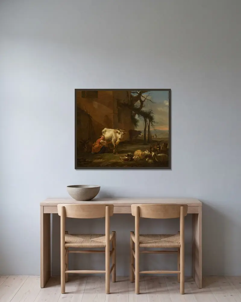 En mjölkerska med sin hjord, flodlandskap bortom av Nicolaes Pietersz. Berchem inramad på en vägg