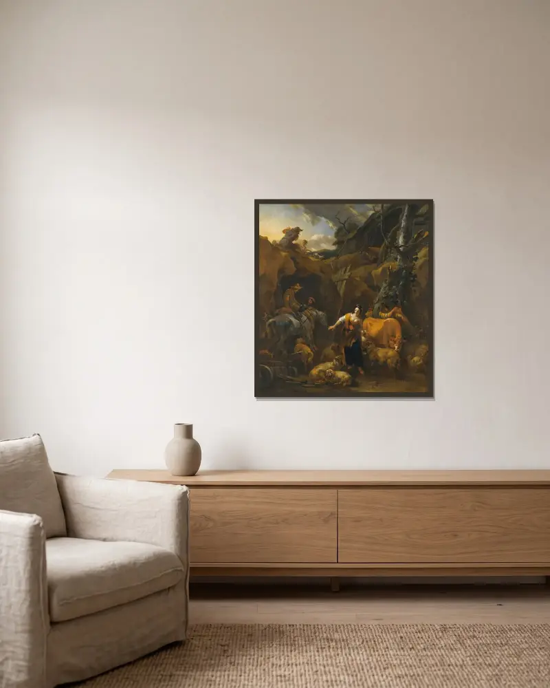 Italienische Berglandschaft mit Melkmädchen und anderen Figuren von Nicolaes Pietersz. Berchem gerahmt an einer Wand