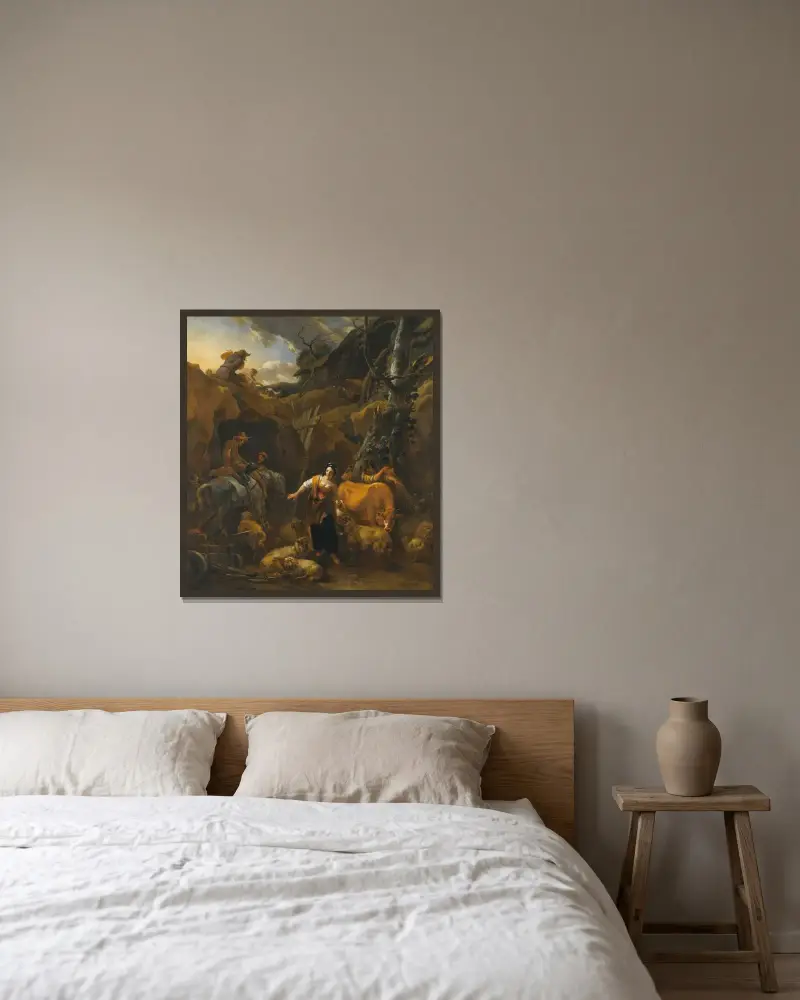Italienische Berglandschaft mit Melkmädchen und anderen Figuren von Nicolaes Pietersz. Berchem gerahmt an einer Wand