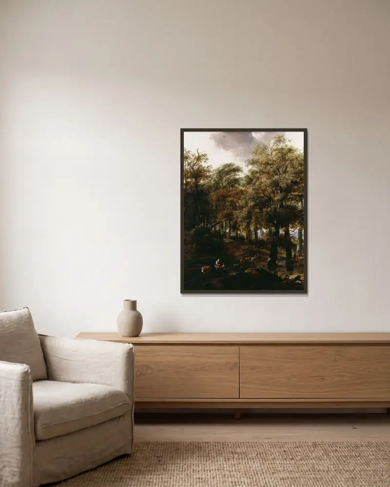 En väg genom en skog av Nicolaes Pietersz. Berchem inramad på en vägg