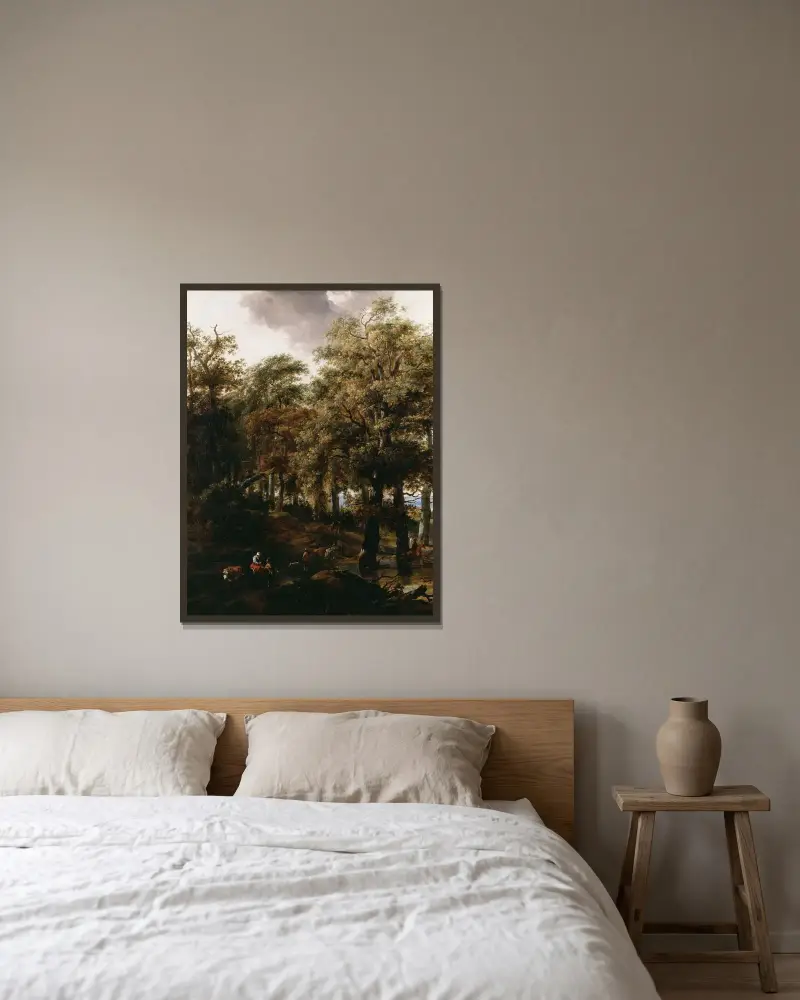 En väg genom en skog av Nicolaes Pietersz. Berchem inramad på en vägg