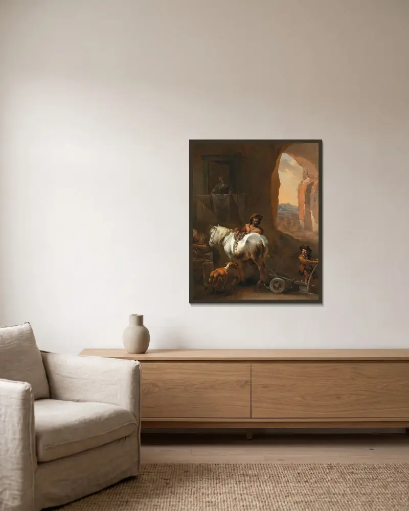 Stallinteriör av Nicolaes Pietersz. Berchem inramad på en vägg