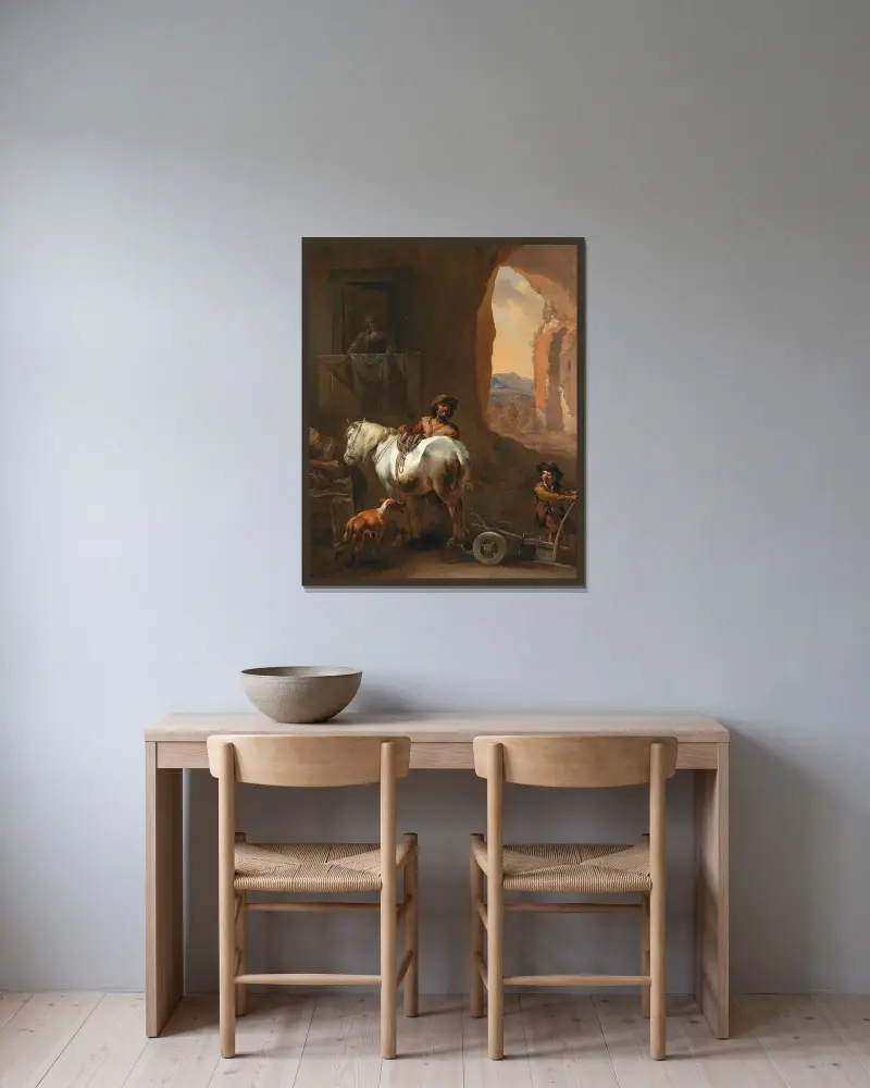 Stallinteriör av Nicolaes Pietersz. Berchem inramad på en vägg