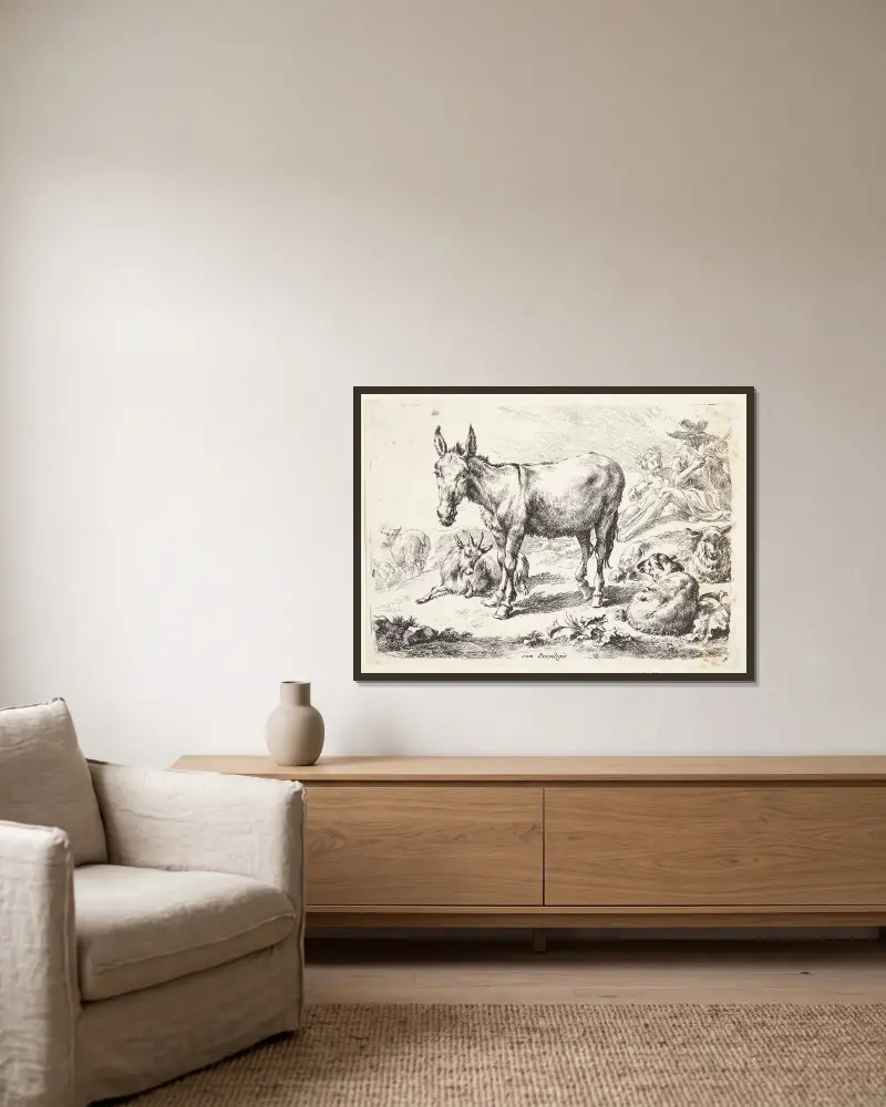 Åsna och getter av Nicolaes Pietersz. Berchem inramad på en vägg