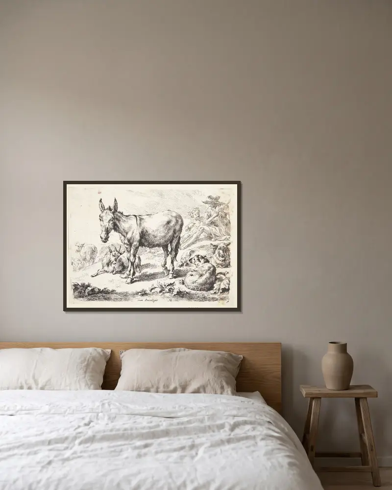 Åsna och getter av Nicolaes Pietersz. Berchem inramad på en vägg