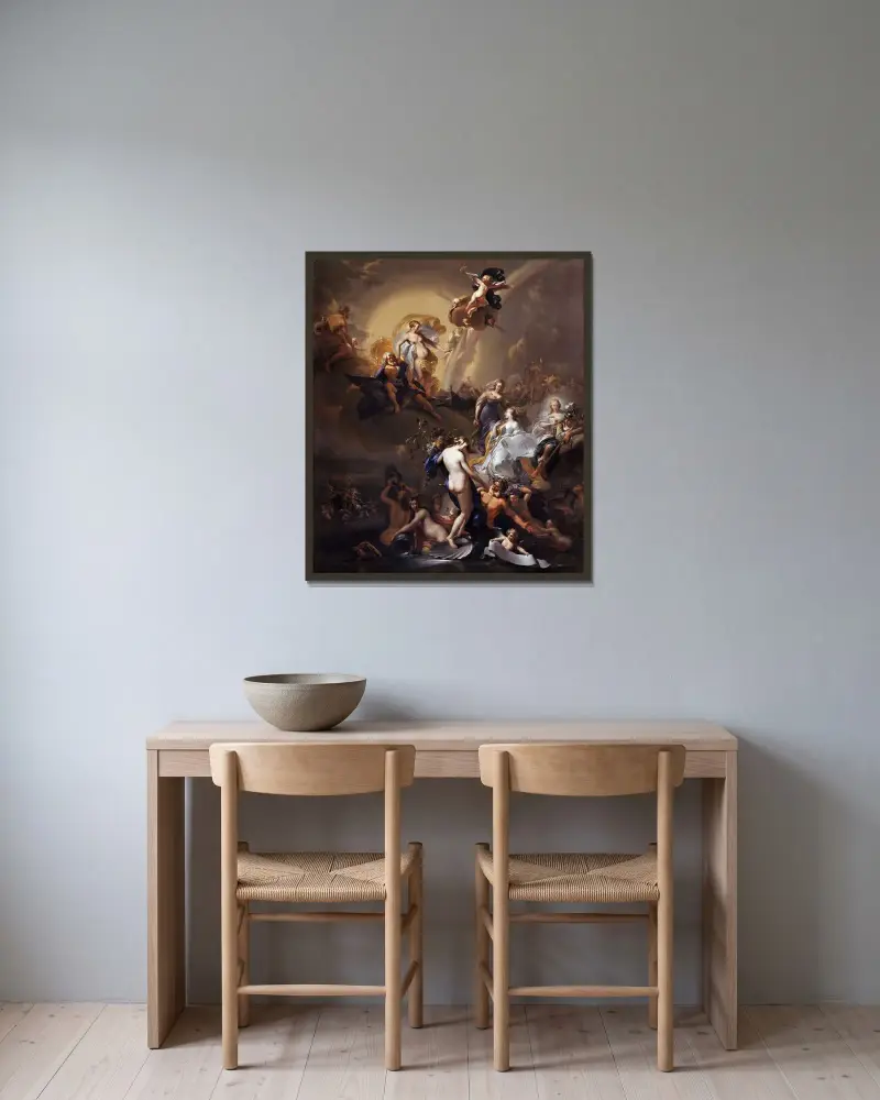 Allegori över Amsterdams expansion av Nicolaes Pietersz. Berchem inramad på en vägg