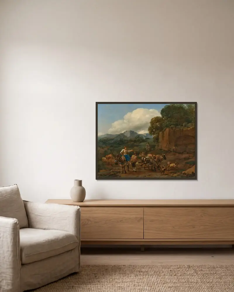 Italienische Landschaft mit einer Hirtin auf einem Esel und einem Hirten, der Vieh auf einem Bergweg an Ruinen entlangtreibt von Nicolaes Pietersz. Berchem gerahmt an einer Wand