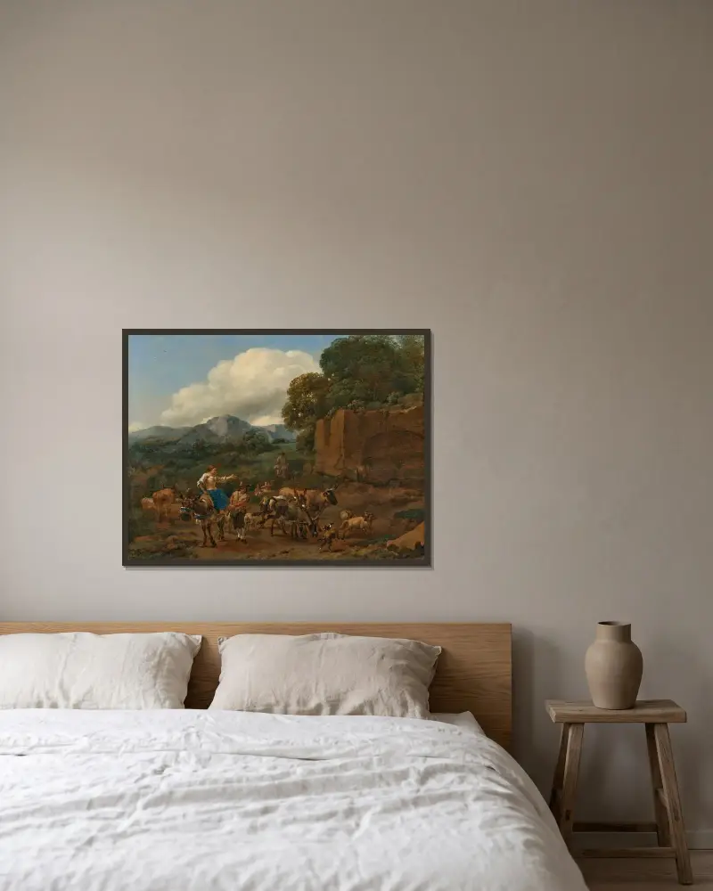 Italienische Landschaft mit einer Hirtin auf einem Esel und einem Hirten, der Vieh auf einem Bergweg an Ruinen entlangtreibt von Nicolaes Pietersz. Berchem gerahmt an einer Wand
