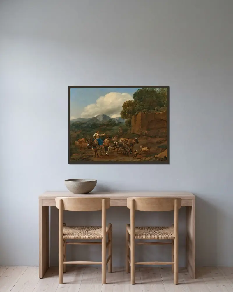 Italienische Landschaft mit einer Hirtin auf einem Esel und einem Hirten, der Vieh auf einem Bergweg an Ruinen entlangtreibt von Nicolaes Pietersz. Berchem gerahmt an einer Wand