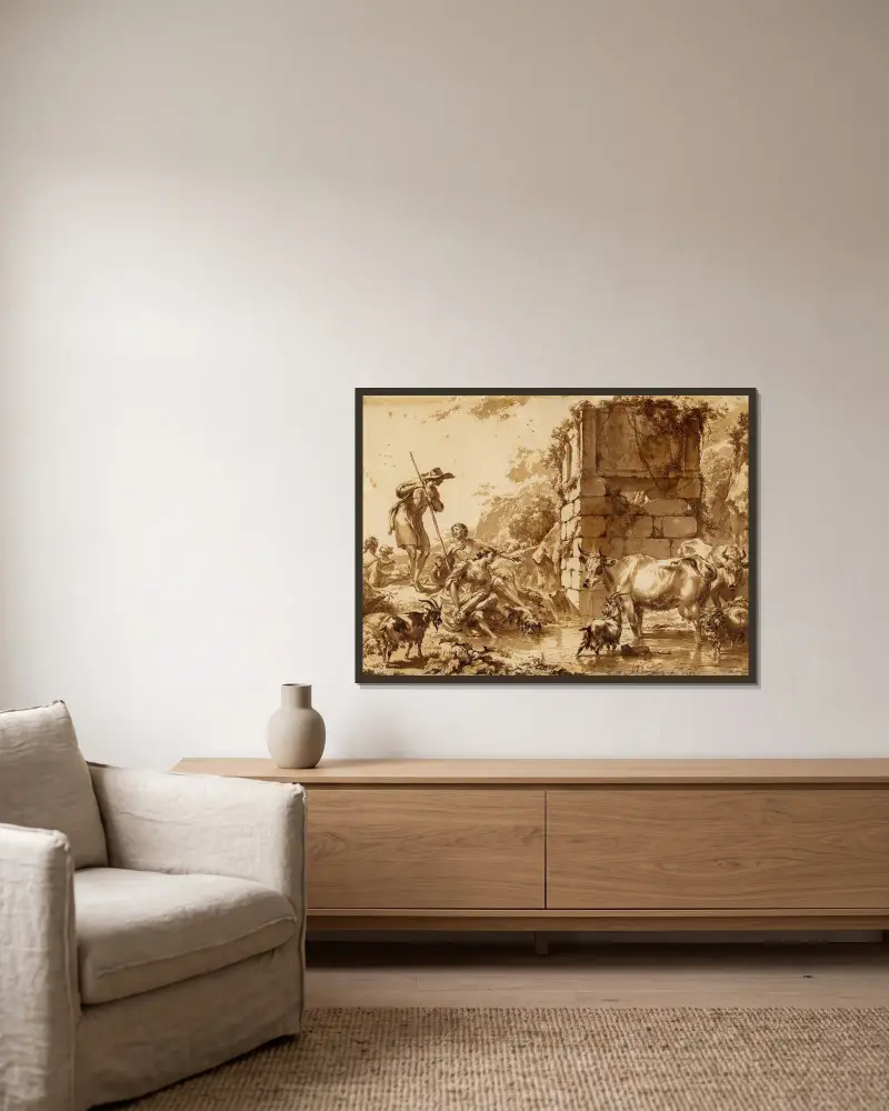 Vieh an der Tränke, mit einem Hirten und vier Hirtinnen von Nicolaes Pietersz. Berchem gerahmt an einer Wand