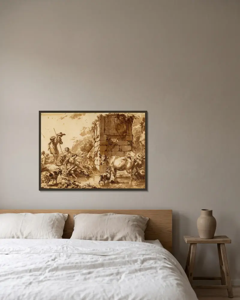Vieh an der Tränke, mit einem Hirten und vier Hirtinnen von Nicolaes Pietersz. Berchem gerahmt an einer Wand